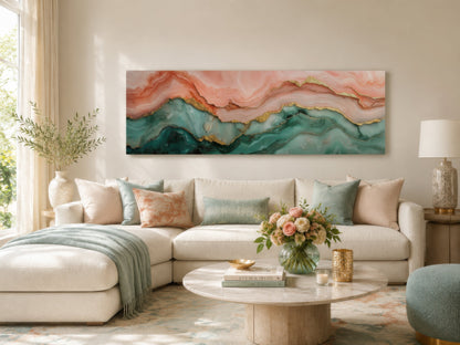 Sage Green And Blush Pink Abstract Marble Horizontal Above Bed Canvas Wall Art