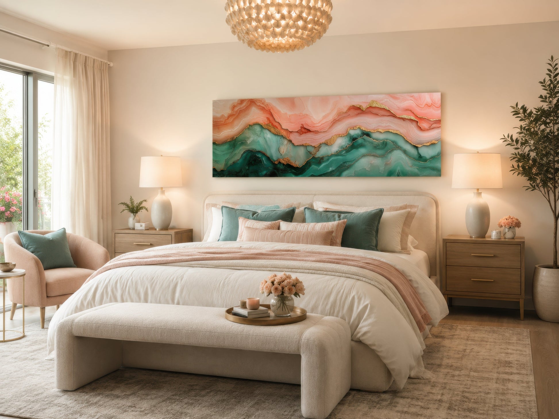 Sage Green And Blush Pink Abstract Marble Horizontal Above Bed Canvas Wall Art