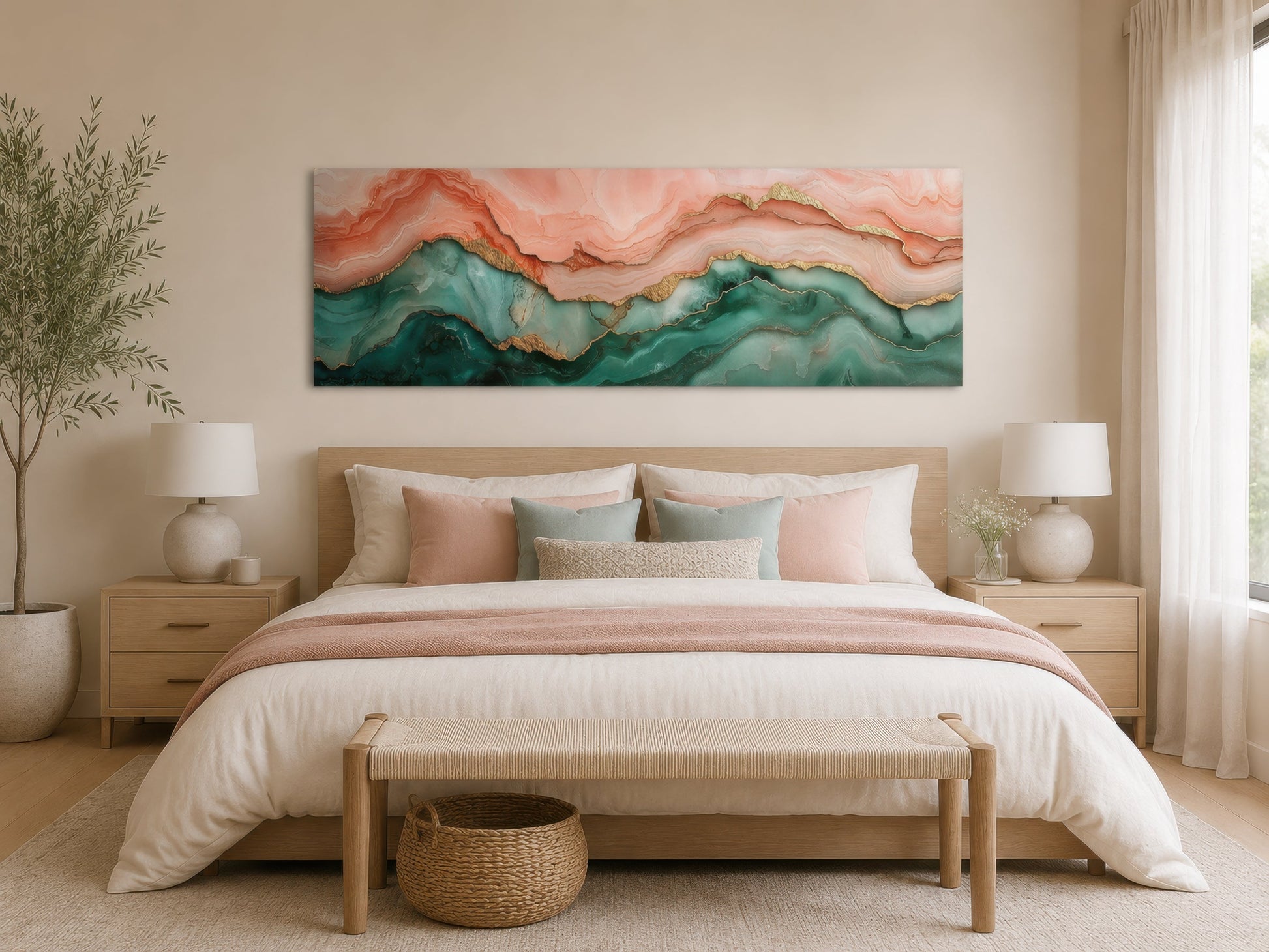 Sage Green And Blush Pink Abstract Marble Horizontal Above Bed Canvas Wall Art