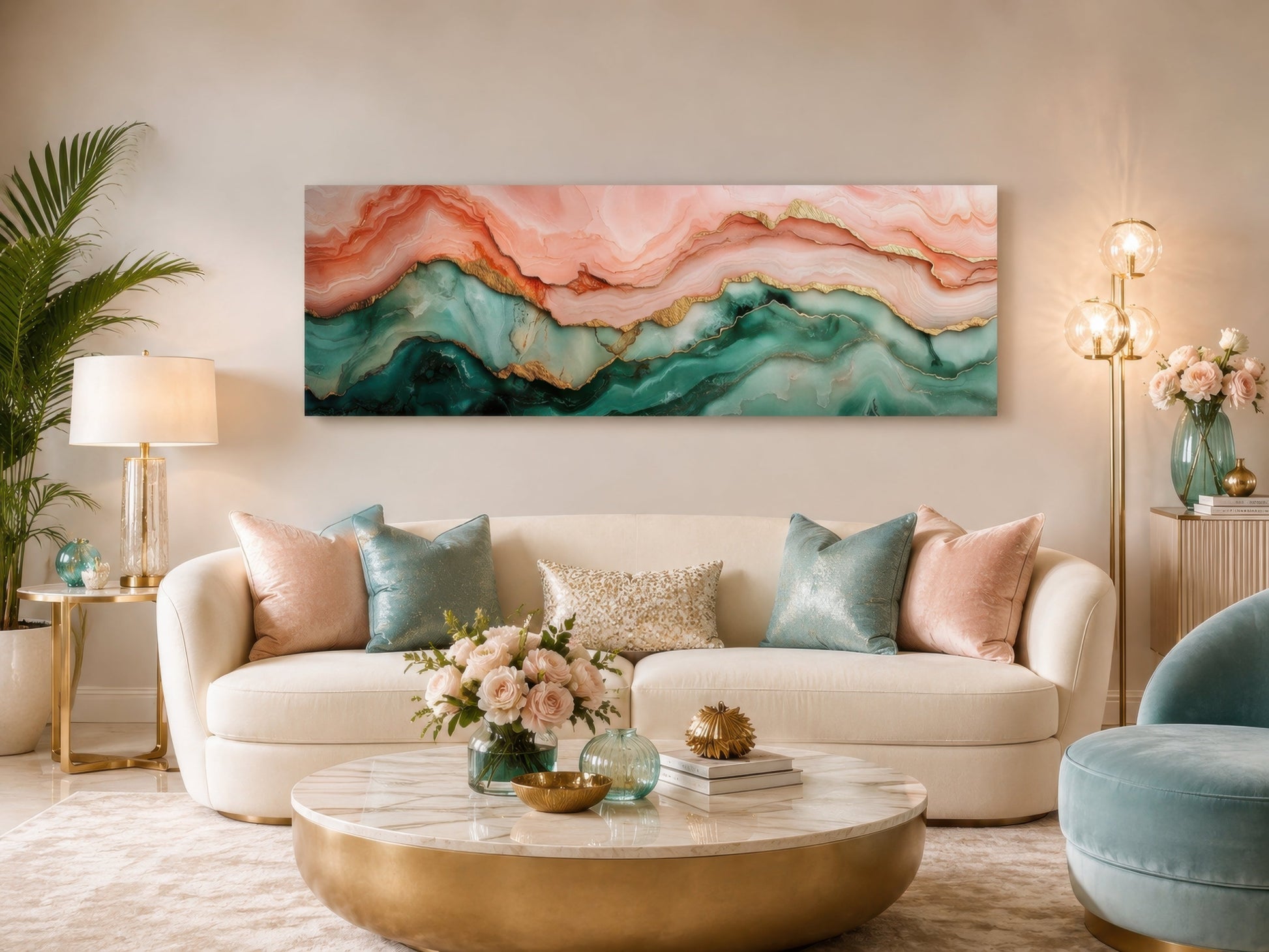 Sage Green And Blush Pink Abstract Marble Horizontal Above Bed Canvas Wall Art