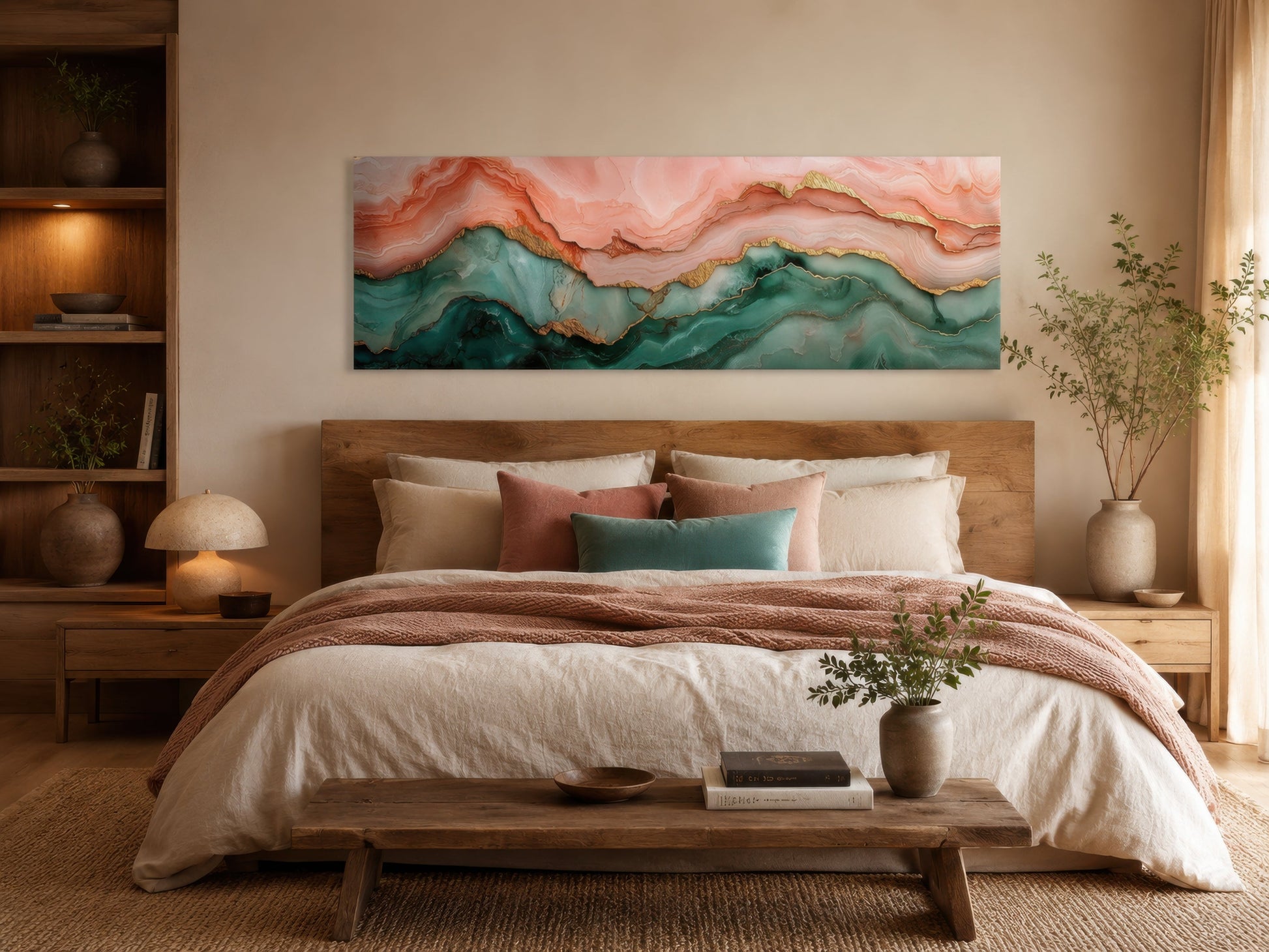 Sage Green And Blush Pink Abstract Marble Horizontal Above Bed Canvas Wall Art