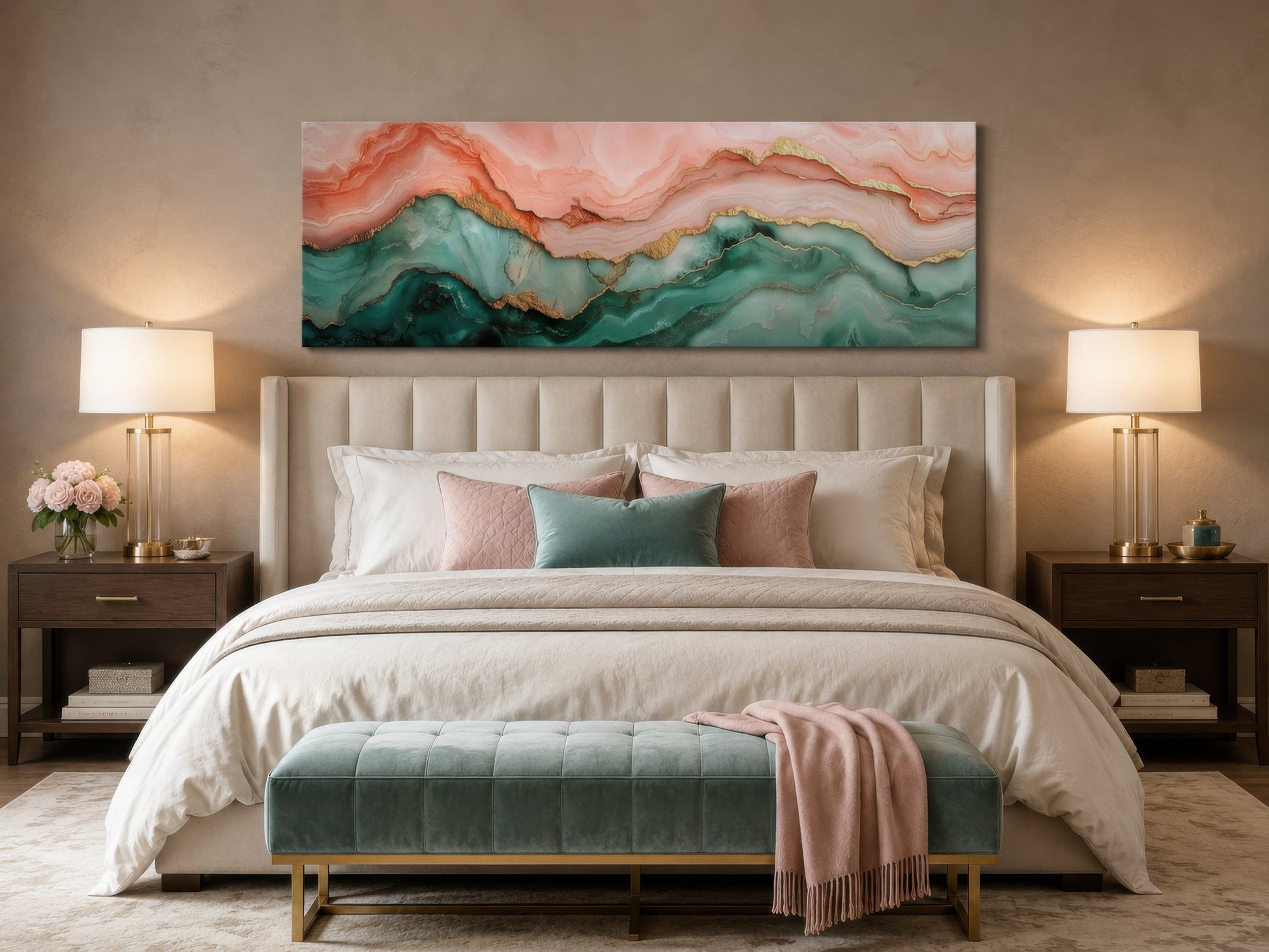Sage Green And Blush Pink Abstract Marble Horizontal Above Bed Canvas Wall Art