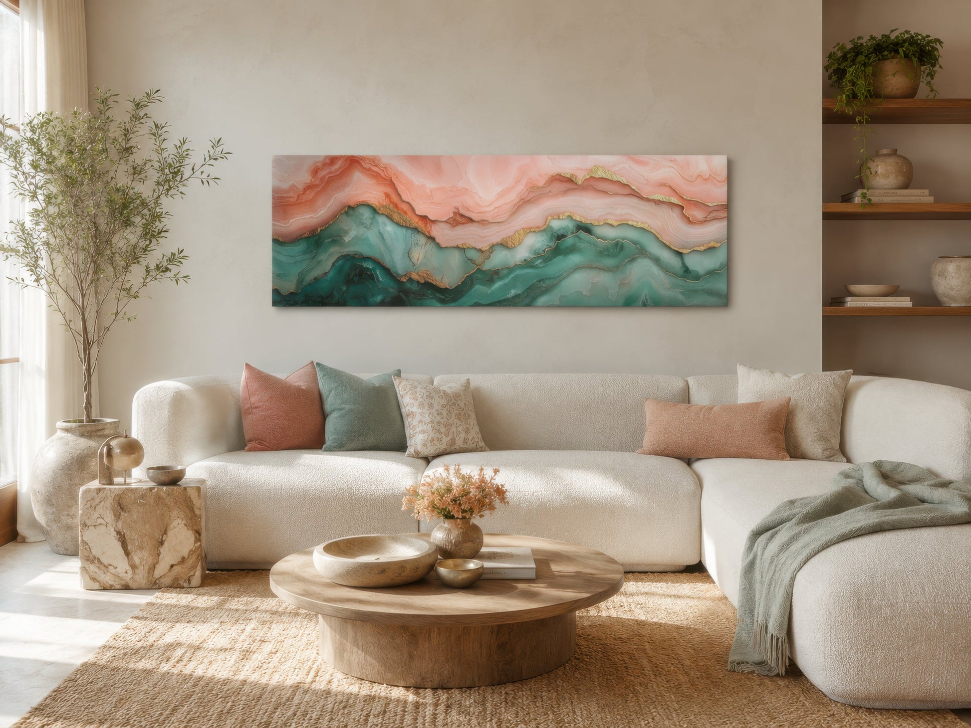 Sage Green And Blush Pink Abstract Marble Horizontal Above Bed Canvas Wall Art