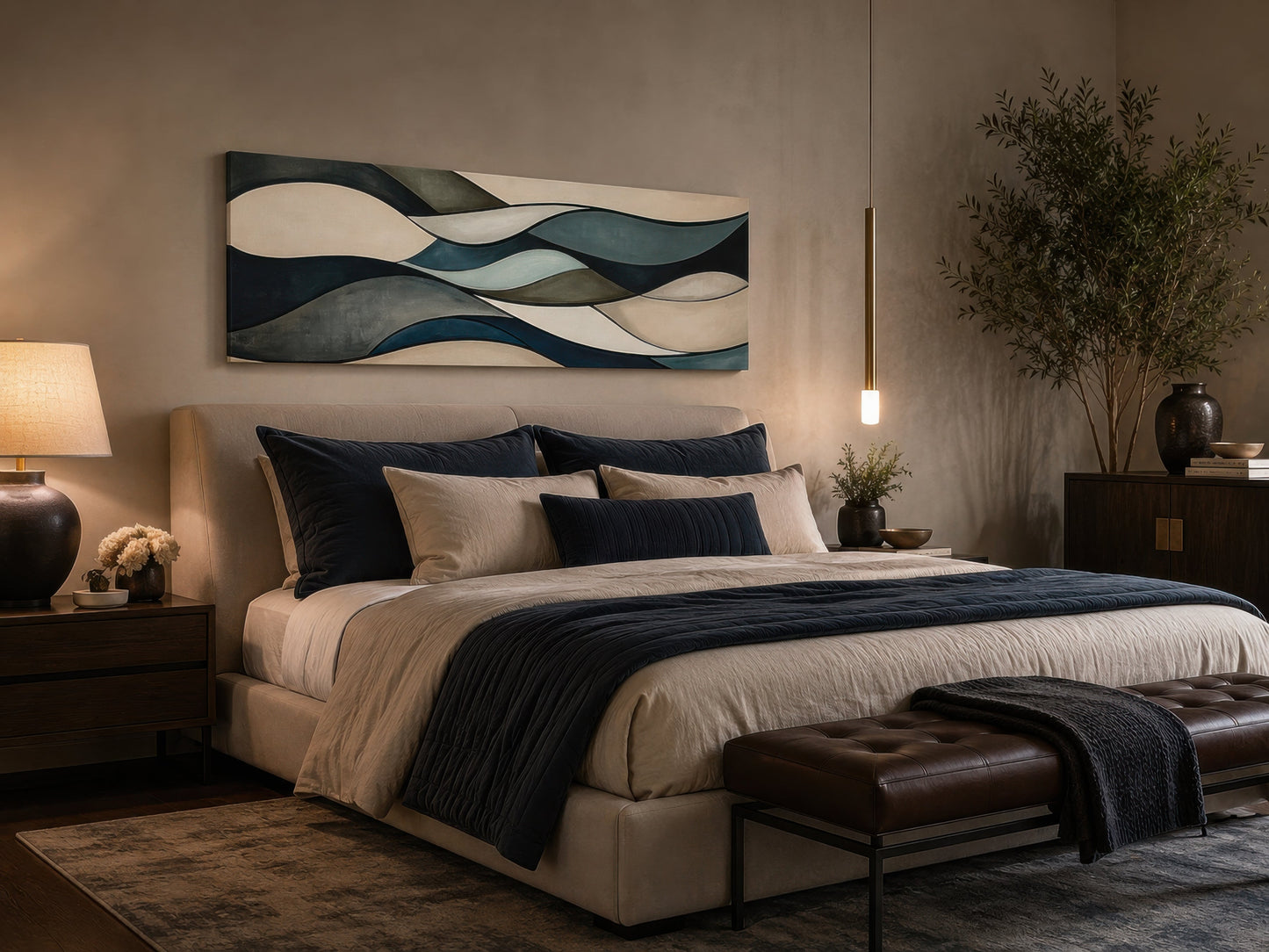 Sage Green Brown Modern Abstract Horizontal Above Bed Framed Wall Art
