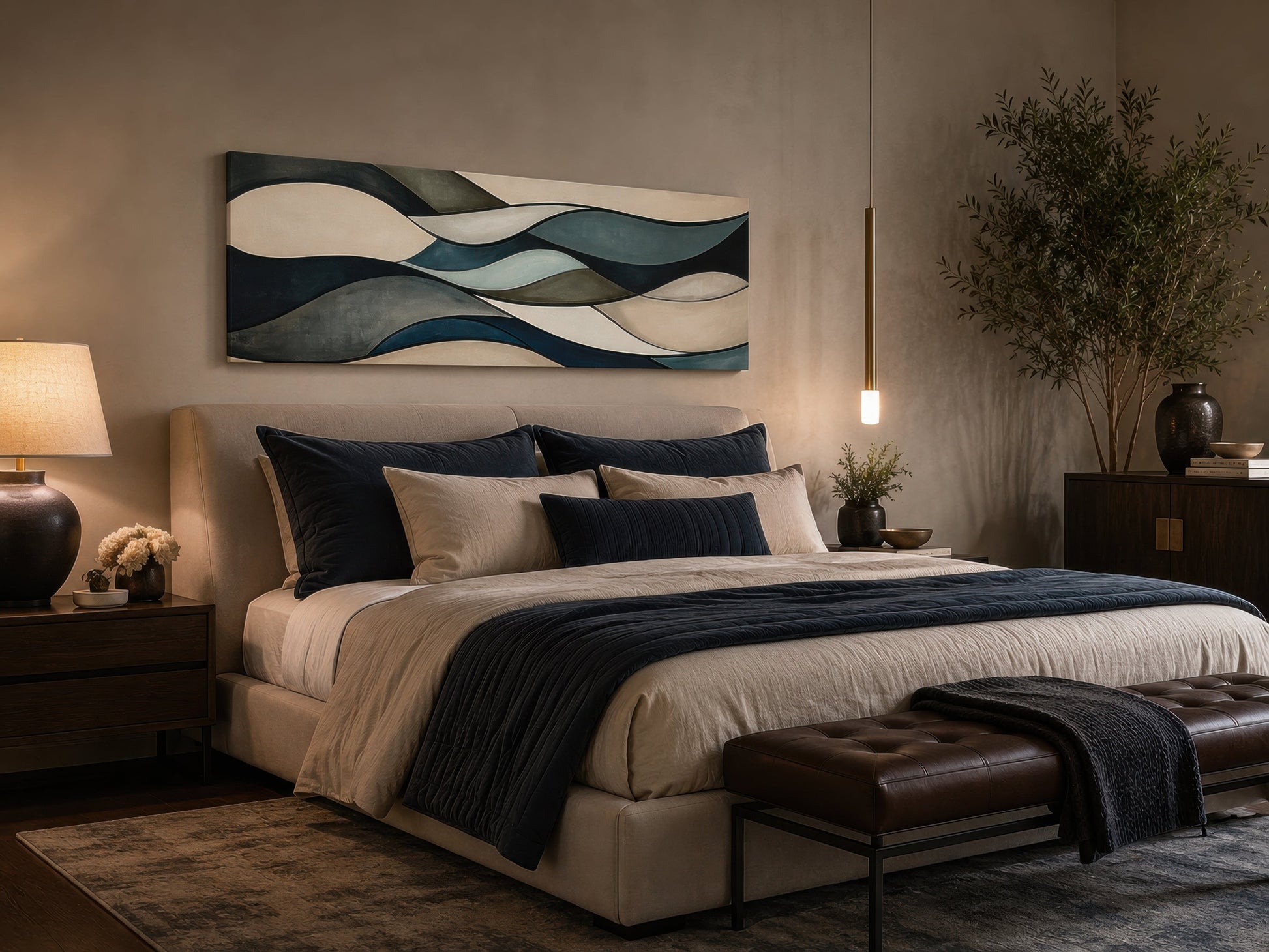 Sage Green Brown Modern Abstract Horizontal Above Bed Framed Wall Art