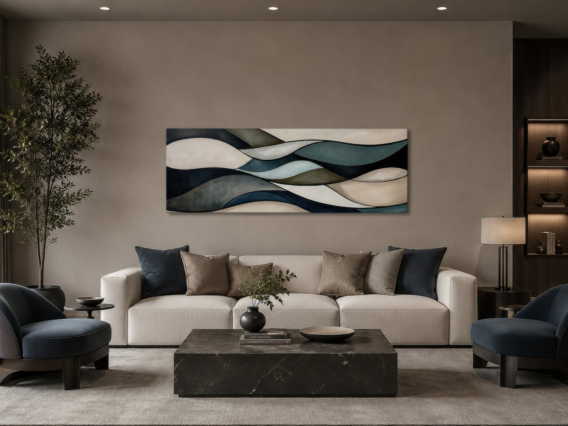 Sage Green Brown Modern Abstract Horizontal Above Bed Framed Wall Art