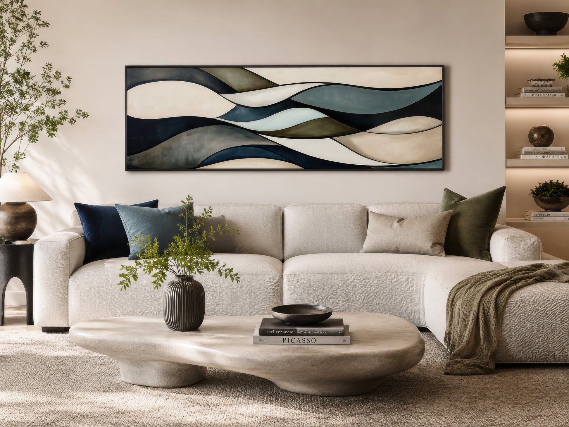 Sage Green Brown Modern Abstract Horizontal Above Bed Framed Wall Art