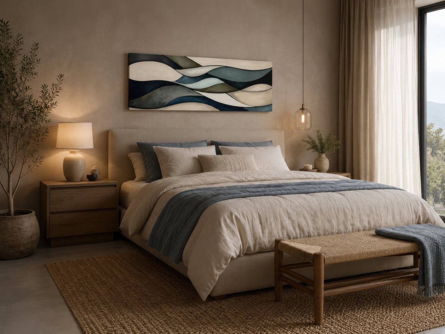 Sage Green Brown Modern Abstract Horizontal Above Bed Framed Wall Art