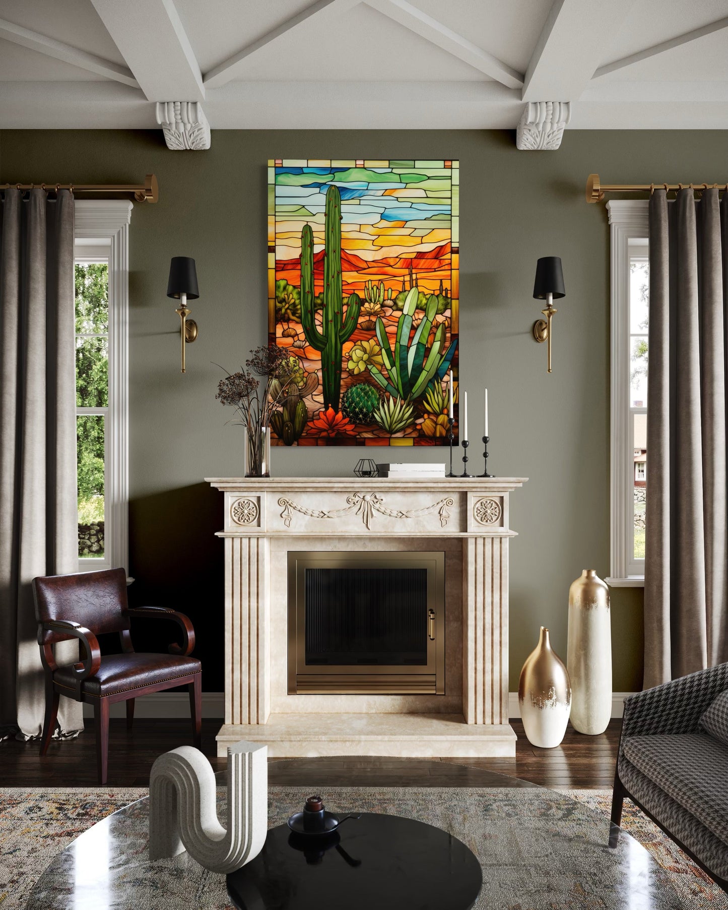 Saguaro Cactus Stained Glass Style Framed Canvas Wall Art - Southwestern Room Decor