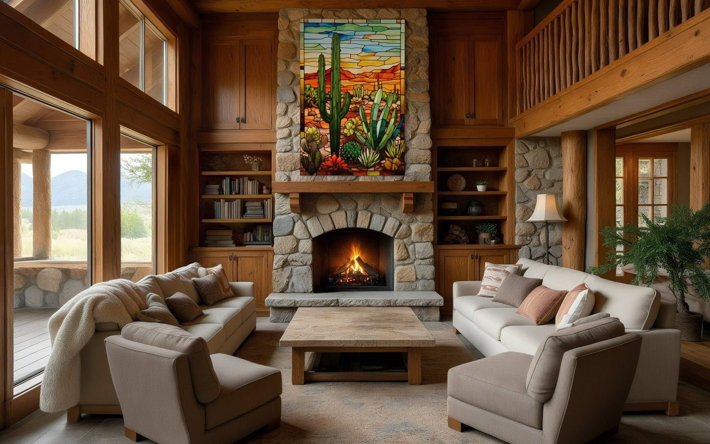 Saguaro Cactus Stained Glass Style Framed Canvas Wall Art - Southwestern Room Decor