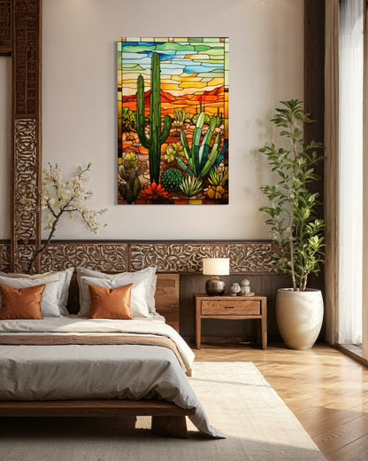 Saguaro Cactus Stained Glass Style Framed Canvas Wall Art - Southwestern Room Decor
