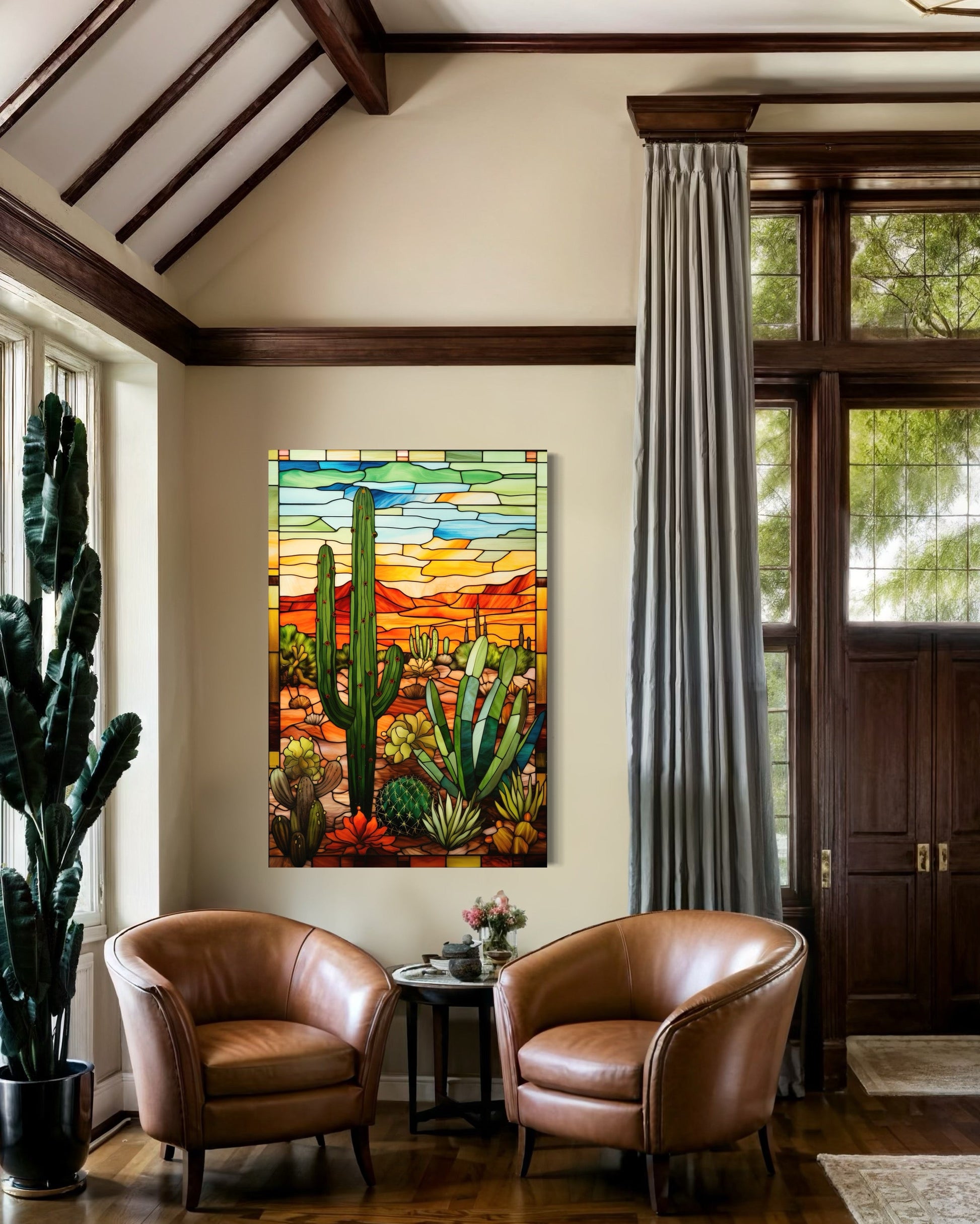 Saguaro Cactus Stained Glass Style Framed Canvas Wall Art - Southwestern Room Decor