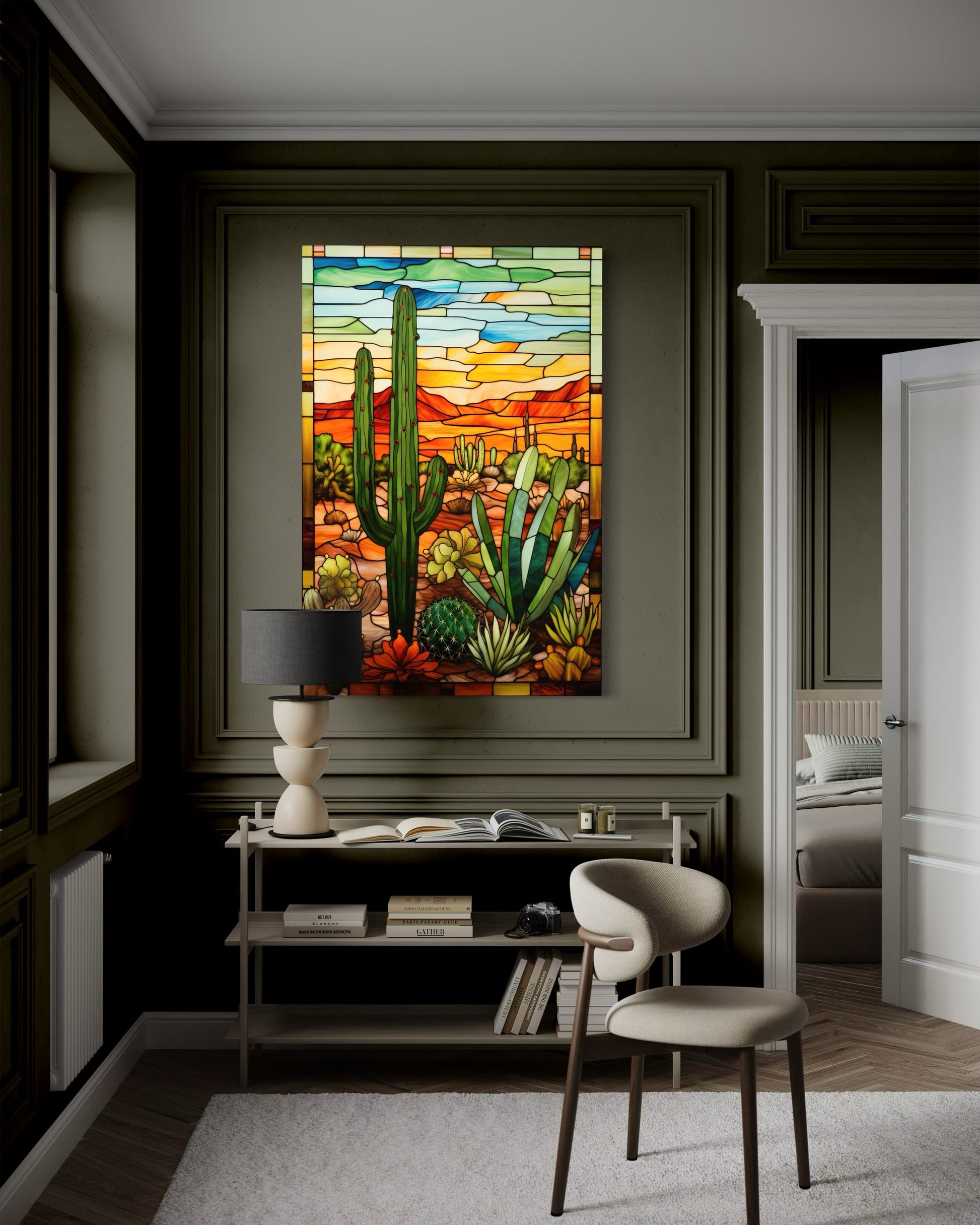 Saguaro Cactus Stained Glass Style Framed Canvas Wall Art - Southwestern Room Decor
