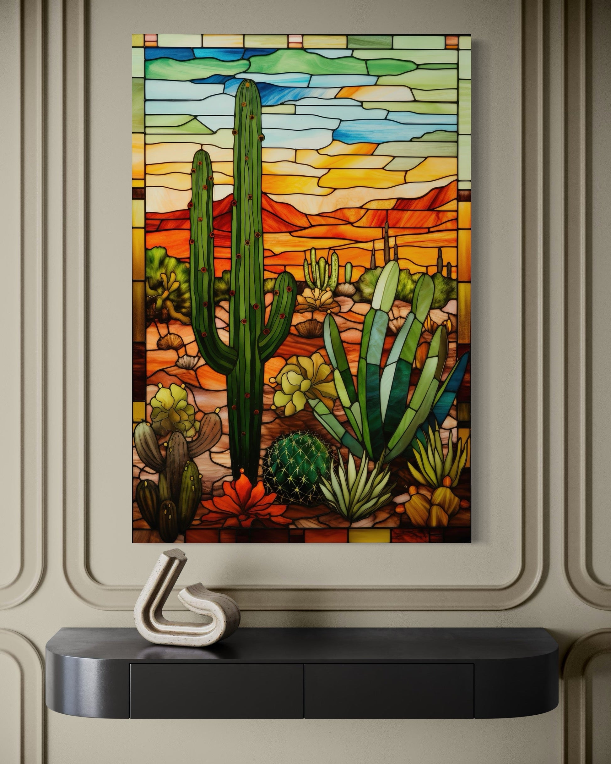 Saguaro Cactus Stained Glass Style Framed Canvas Wall Art - Southwestern Room Decor