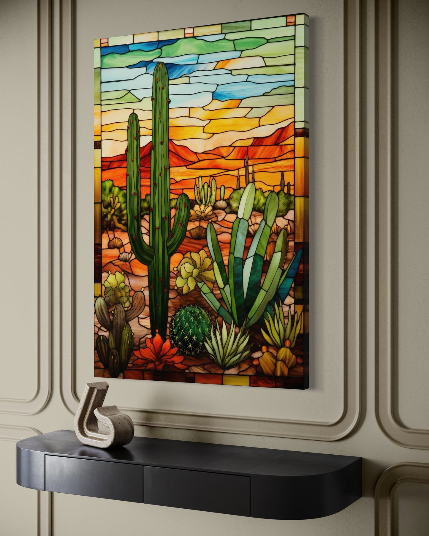Saguaro Cactus Stained Glass Style Framed Canvas Wall Art - Southwestern Room Decor