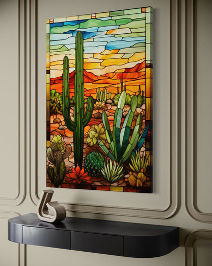 Saguaro Cactus Stained Glass Style Framed Canvas Wall Art - Southwestern Room Decor