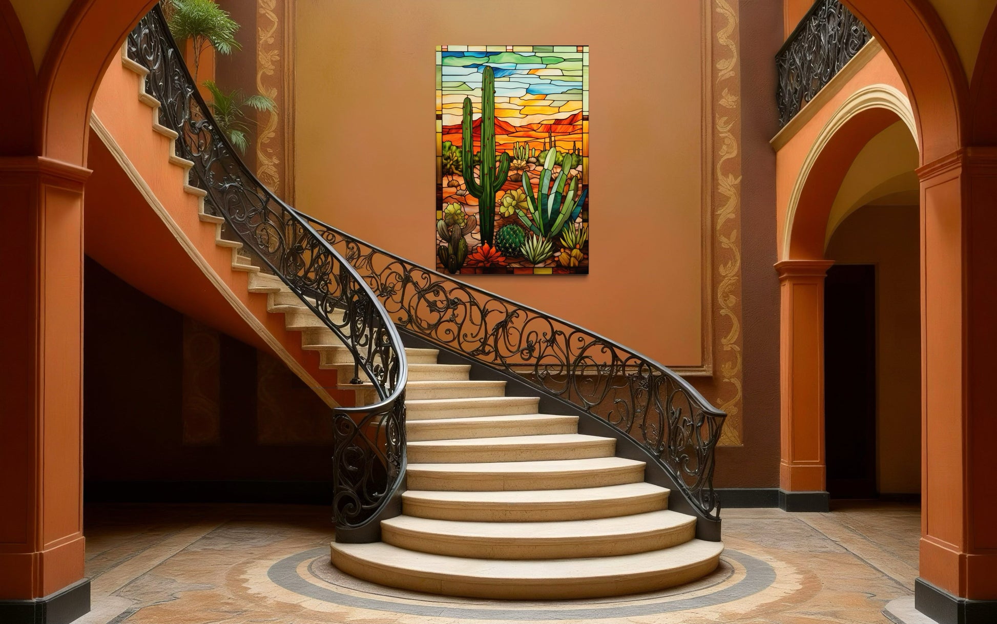 Saguaro Cactus Stained Glass Style Framed Canvas Wall Art - Southwestern Room Decor