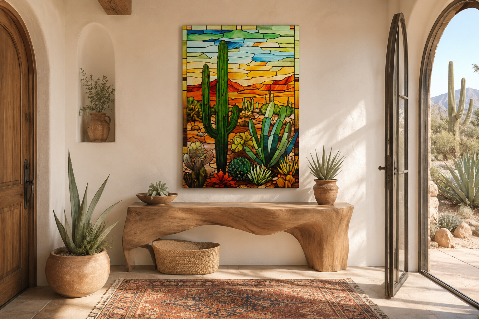 Saguaro Cactus Stained Glass Style Framed Canvas Wall Art - Southwestern Room Decor