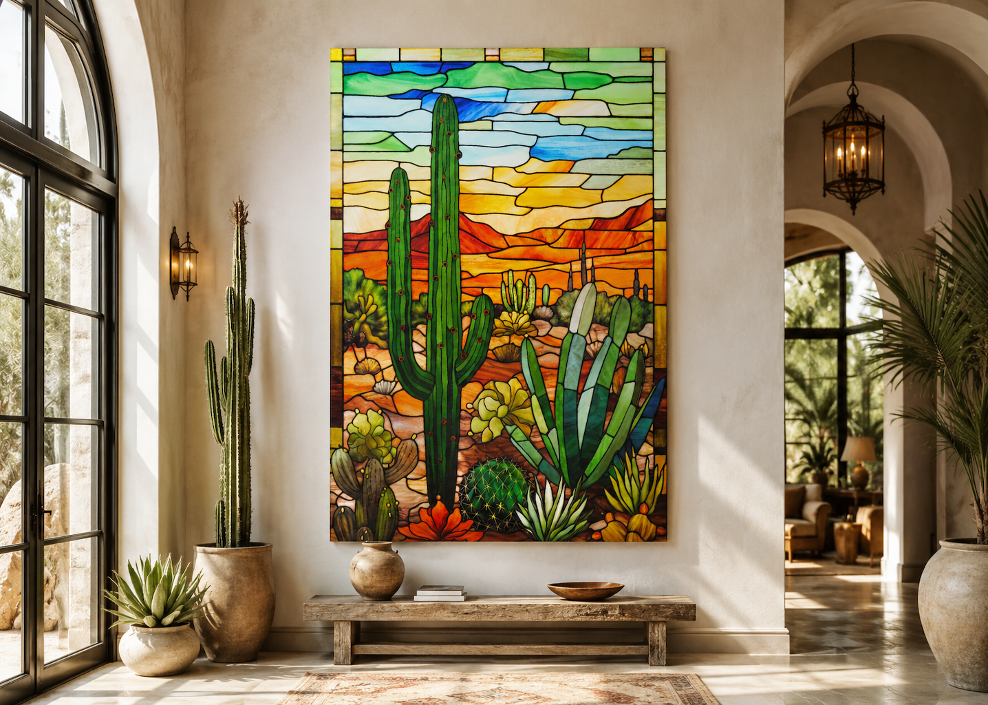 Saguaro Cactus Stained Glass Style Framed Canvas Wall Art - Southwestern Room Decor