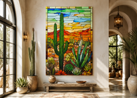 Saguaro Cactus Stained Glass Style Framed Canvas Wall Art - Southwestern Room Decor