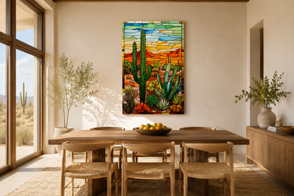 Saguaro Cactus Stained Glass Style Framed Canvas Wall Art - Southwestern Room Decor
