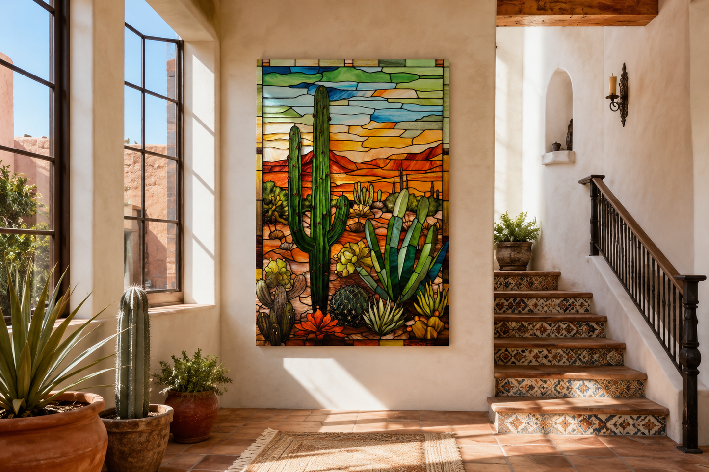 Saguaro Cactus Stained Glass Style Framed Canvas Wall Art - Southwestern Room Decor