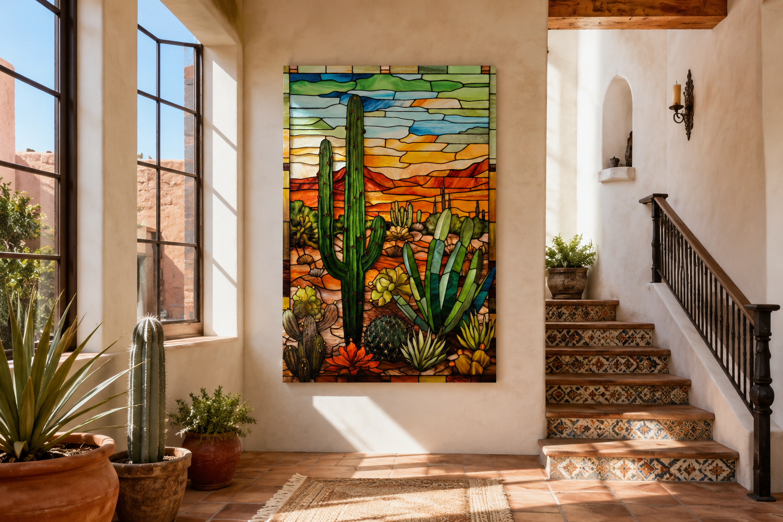 Saguaro Cactus Stained Glass Style Framed Canvas Wall Art - Southwestern Room Decor