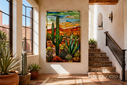 Saguaro Cactus Stained Glass Style Framed Canvas Wall Art - Southwestern Room Decor
