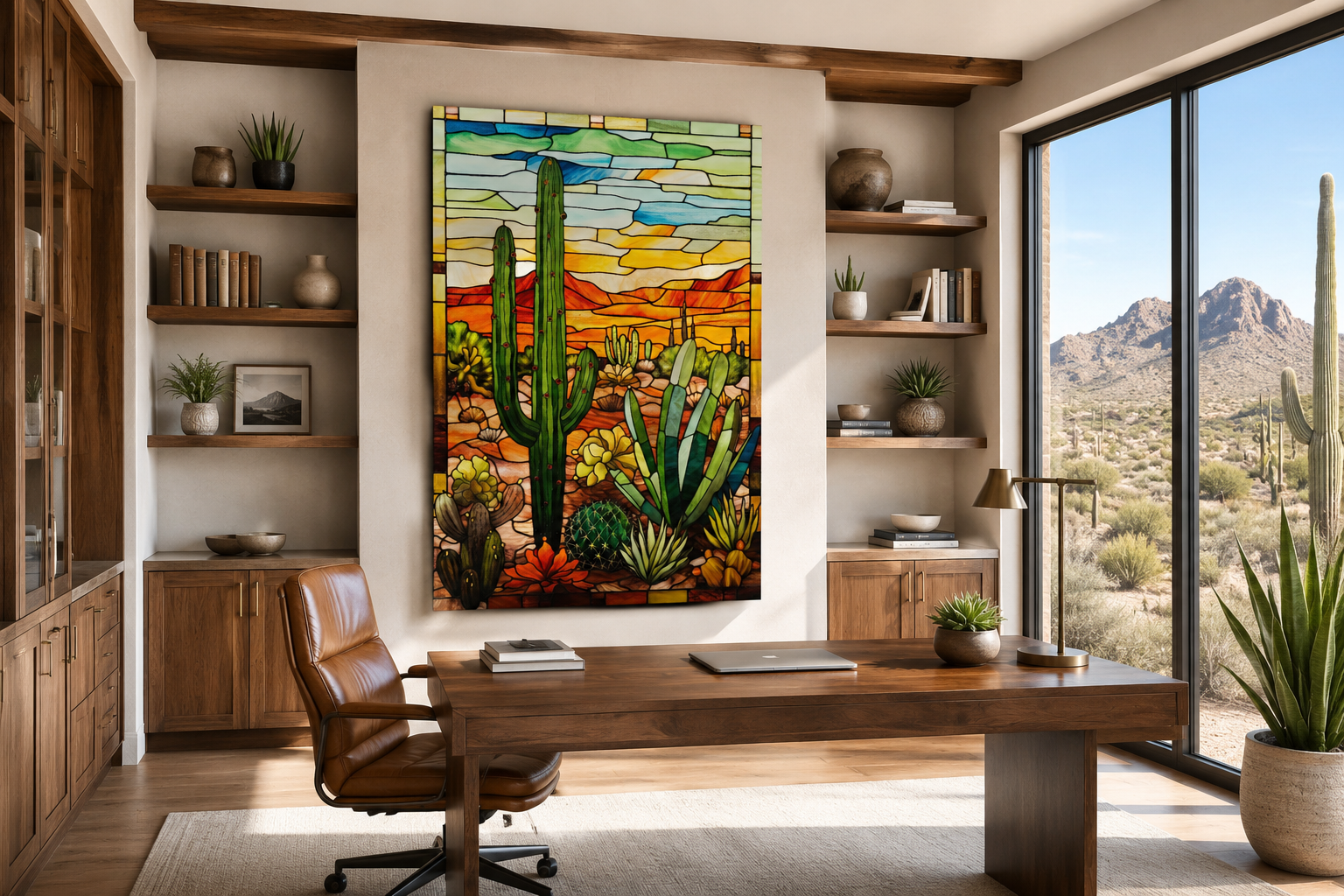 Saguaro Cactus Stained Glass Style Framed Canvas Wall Art - Southwestern Room Decor