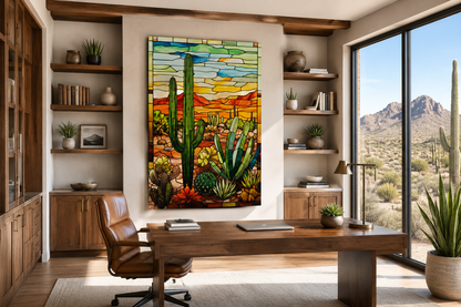 Saguaro Cactus Stained Glass Style Framed Canvas Wall Art - Southwestern Room Decor