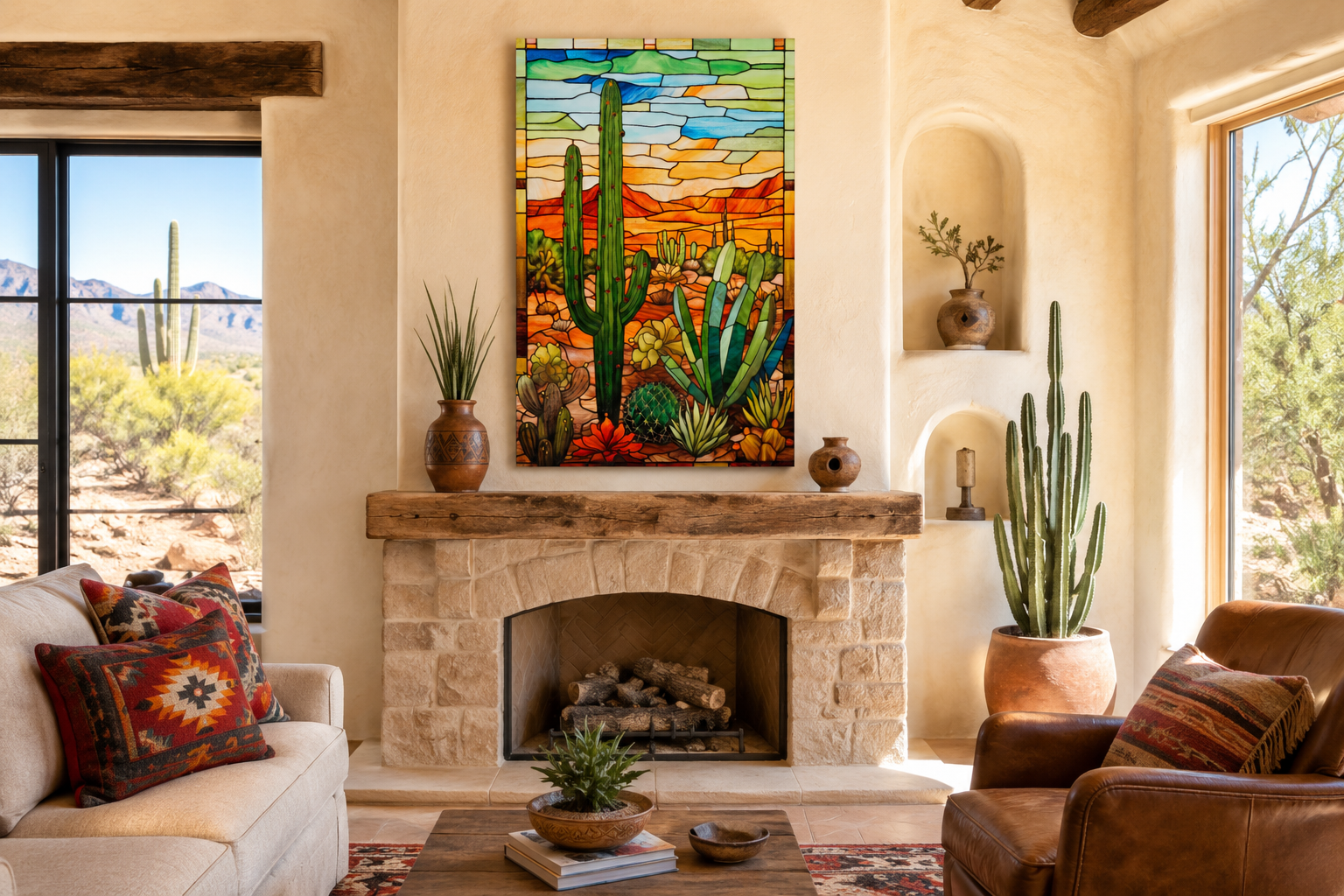 Saguaro Cactus Stained Glass Style Framed Canvas Wall Art - Southwestern Room Decor