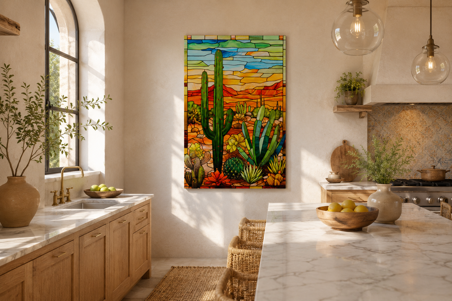 Saguaro Cactus Stained Glass Style Framed Canvas Wall Art - Southwestern Room Decor