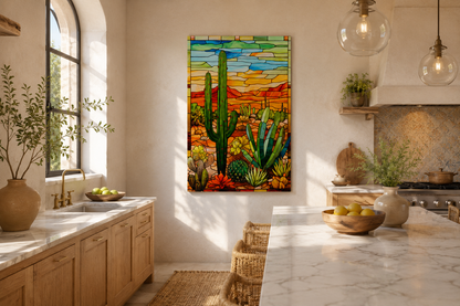 Saguaro Cactus Stained Glass Style Framed Canvas Wall Art - Southwestern Room Decor