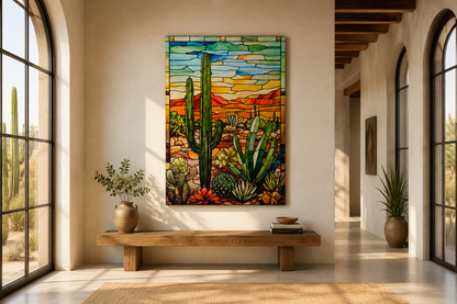 Saguaro Cactus Stained Glass Style Framed Canvas Wall Art - Southwestern Room Decor