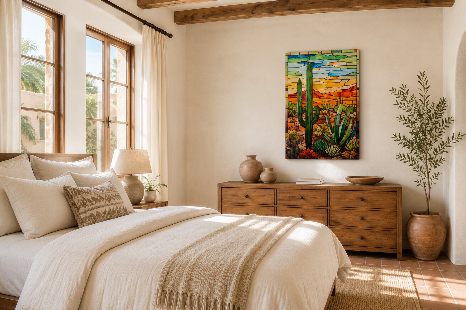 Saguaro Cactus Stained Glass Style Framed Canvas Wall Art - Southwestern Room Decor