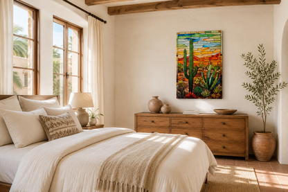 Saguaro Cactus Stained Glass Style Framed Canvas Wall Art - Southwestern Room Decor