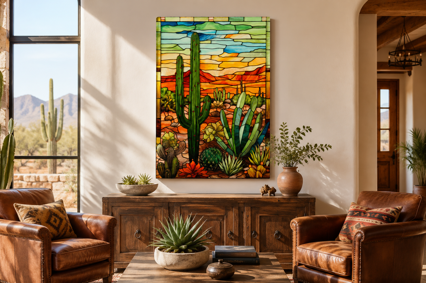 Saguaro Cactus Stained Glass Style Framed Canvas Wall Art - Southwestern Room Decor