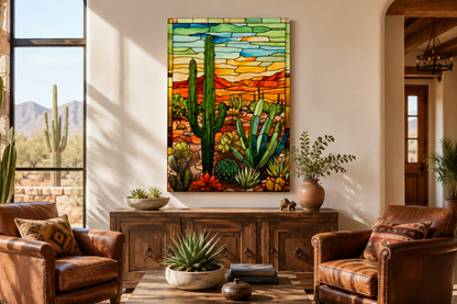 Saguaro Cactus Stained Glass Style Framed Canvas Wall Art - Southwestern Room Decor