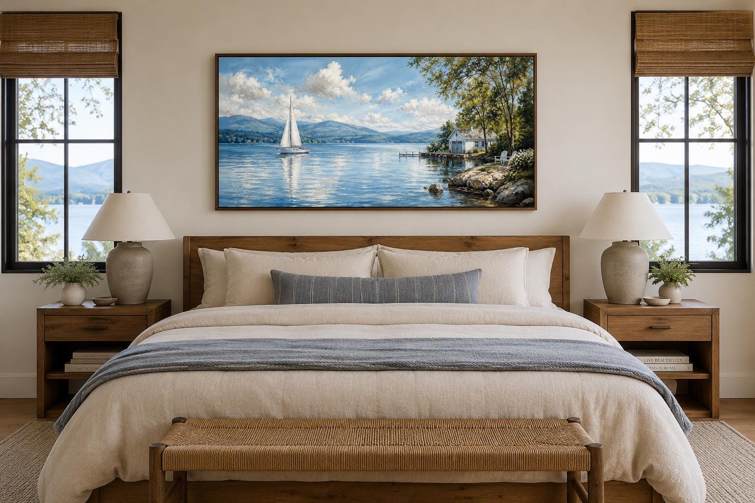 Sailboat In Mountain Lake Painting | Blue Green Lake Canvas Print