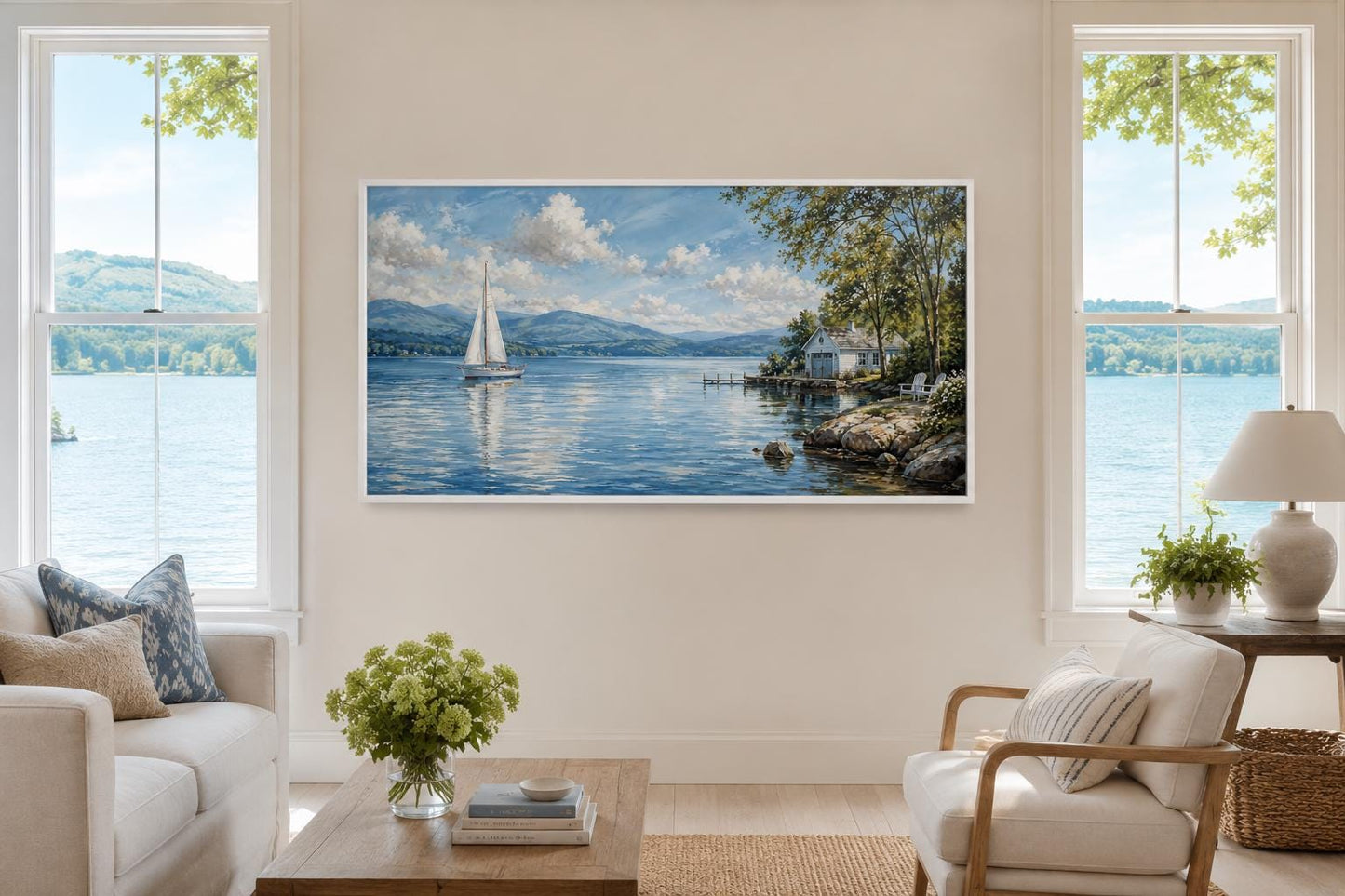 Sailboat In Mountain Lake Painting | Blue Green Lake Canvas Print