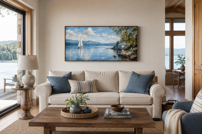 Sailboat In Mountain Lake Painting | Blue Green Lake Canvas Print