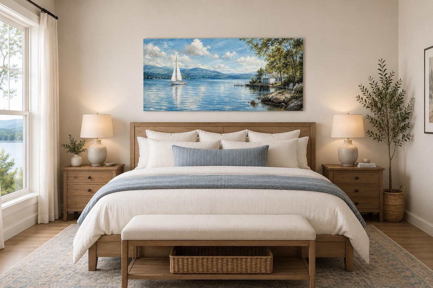 Sailboat In Mountain Lake Painting | Blue Green Lake Canvas Print