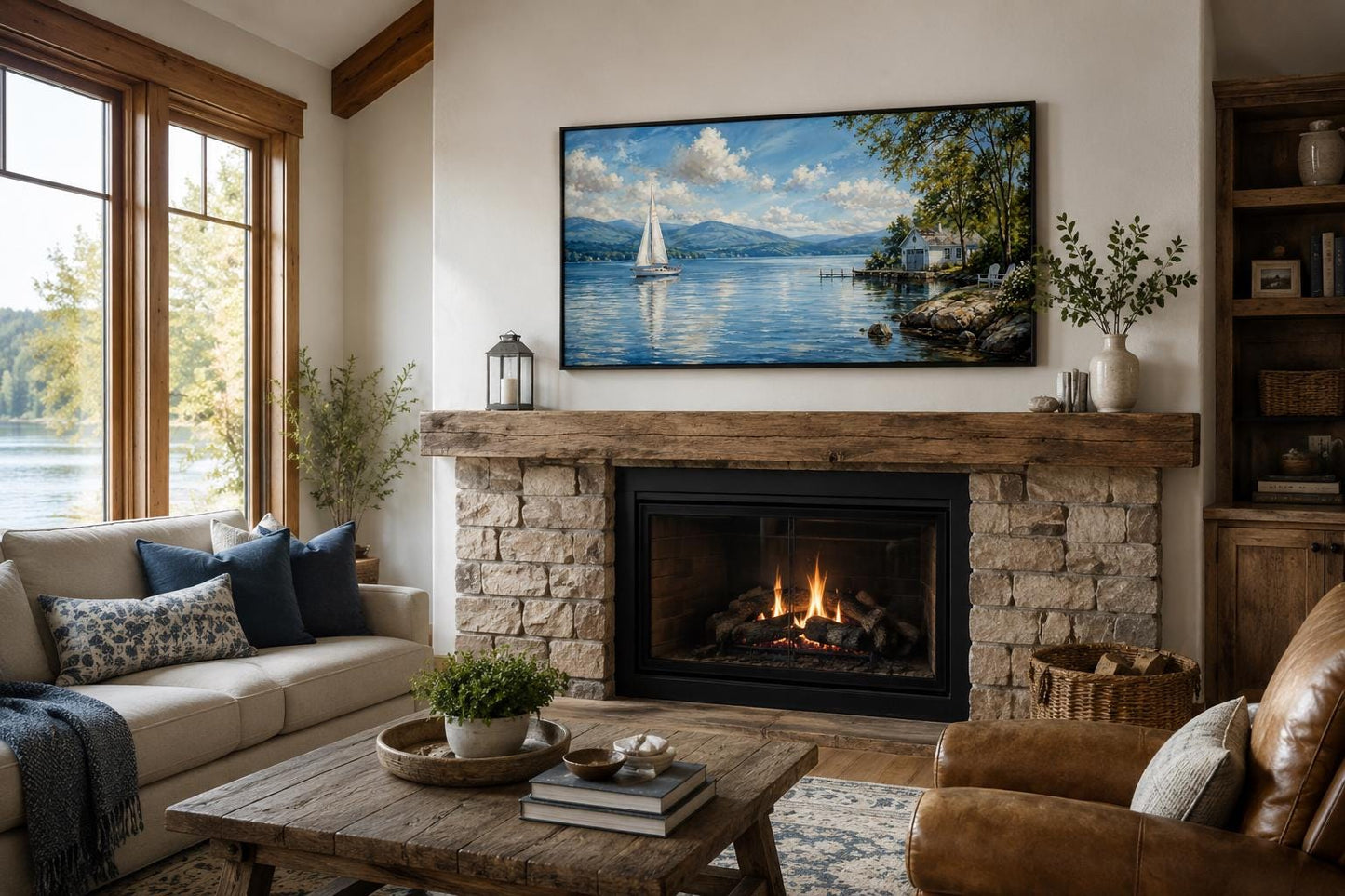 Sailboat In Mountain Lake Painting | Blue Green Lake Canvas Print