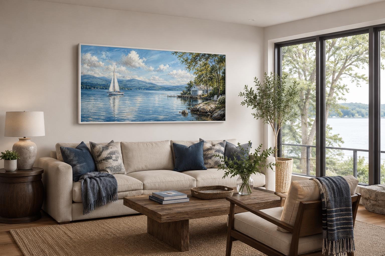 Sailboat In Mountain Lake Painting | Blue Green Lake Canvas Print