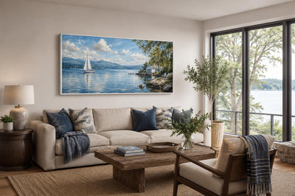 Sailboat In Mountain Lake Painting | Blue Green Lake Canvas Print
