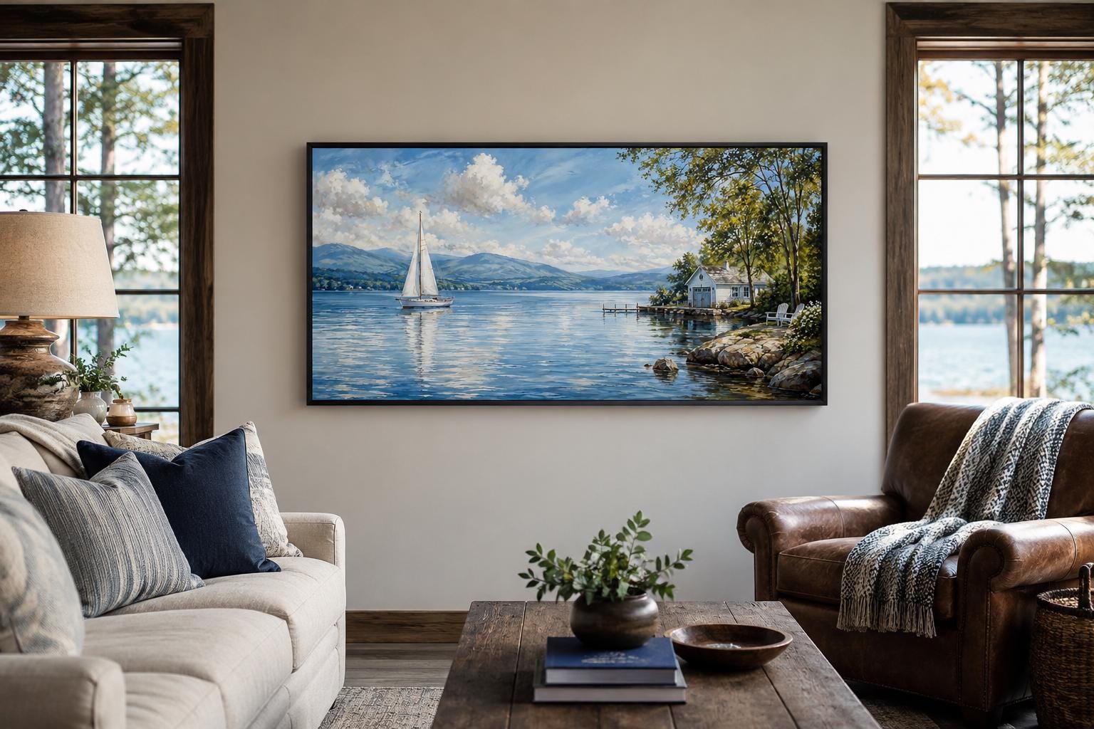 Sailboat In Mountain Lake Painting | Blue Green Lake Canvas Print