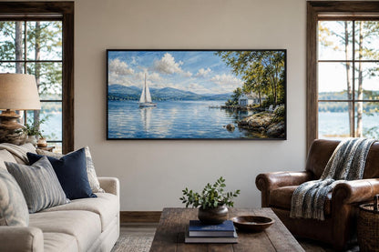 Sailboat In Mountain Lake Painting | Blue Green Lake Canvas Print