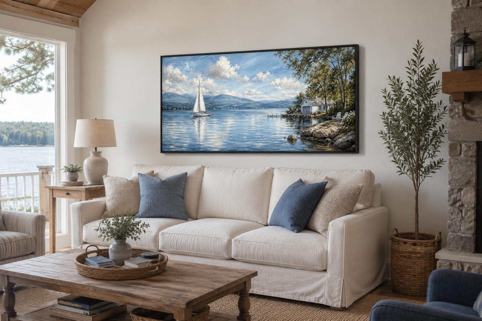 Sailboat In Mountain Lake Painting | Blue Green Lake Canvas Print