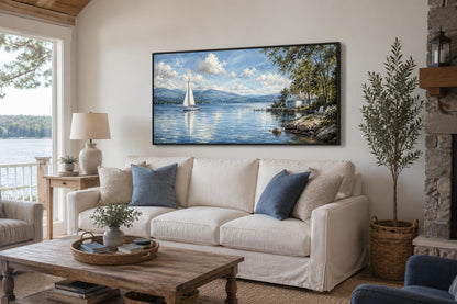 Sailboat In Mountain Lake Painting | Blue Green Lake Canvas Print