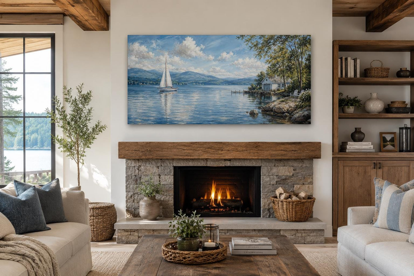 Sailboat In Mountain Lake Painting | Blue Green Lake Canvas Print